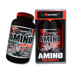 Amino Hardcore 325 Tablets from Mega Sport, promoting muscle growth and recovery in a chocolate flavor.