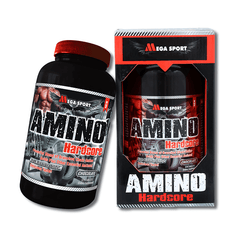 Amino Hardcore 325 Tablets from Mega Sport, promoting muscle growth and recovery in a chocolate flavor.