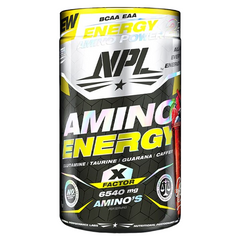 NPL Amino Energy X Factor (40 servings) features BCAA EAA, 6540mg aminos, essential amino acids, glutamine, taurine, guarana, and caffeine in bold black and yellow packaging for an energizing amino acid drink.