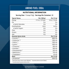 Nutritional information for Applied Nutrition Amino Fuel EAA 390g, showing essential amino acids and serving details.