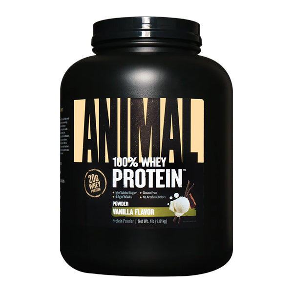 Animal 100% Whey Protein Powder, 4lbs, Vanilla Flavor, delivers 20g of protein per scoop for workout recovery.