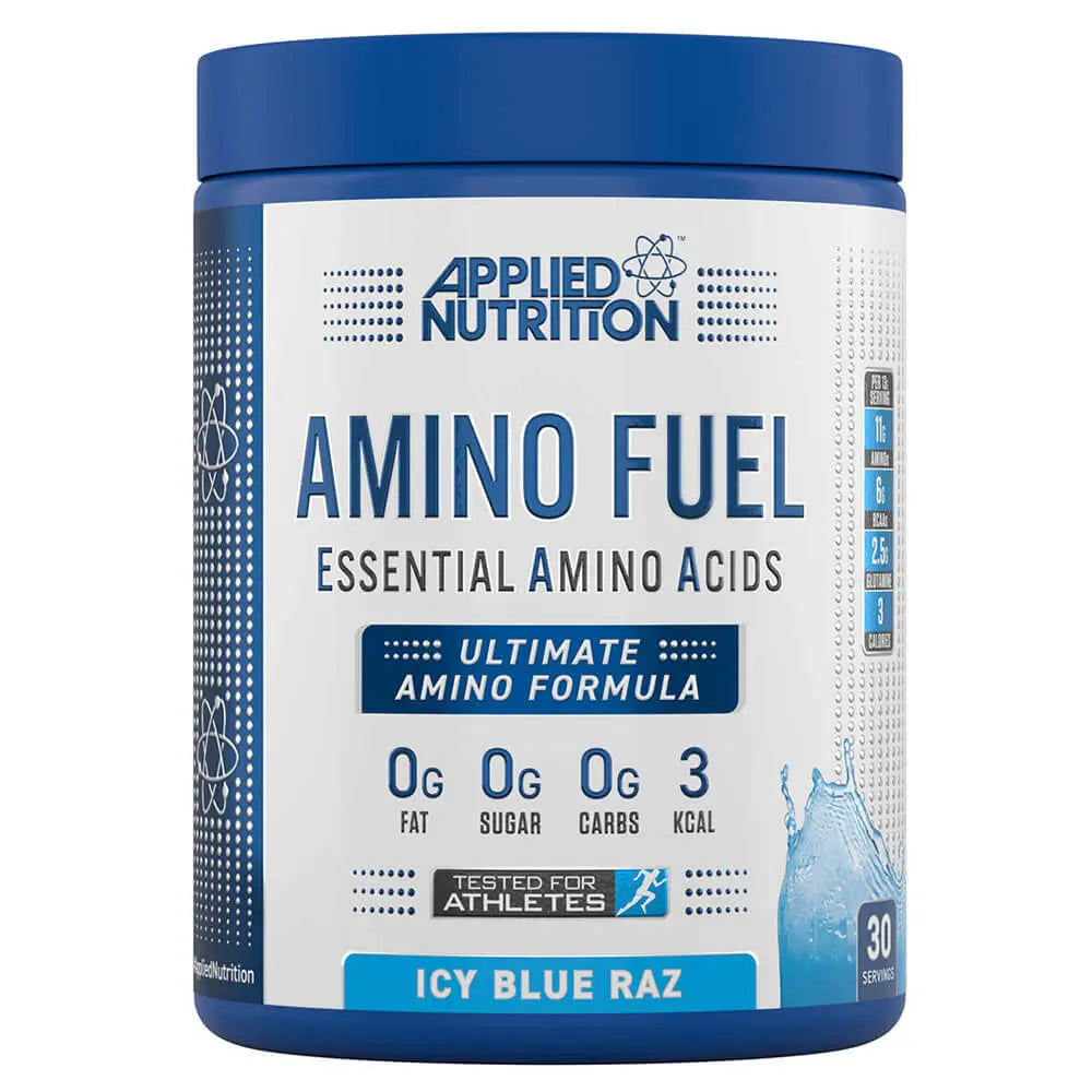 Applied Nutrition Amino Fuel EAA supplement in Icy Blue Raz flavor, featuring essential amino acids for muscle growth and recovery.