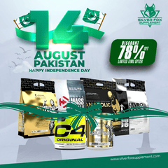 Pakistan Independence Day promo: Silver Fox Supplement BUNDLE—Gainer Bag, Pre-workout & Creatine at 78% OFF! Includes 14 August text, flags, website link & logo.