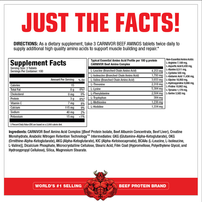 Carnivor Beef Aminos 300 Tabs by MuslceMeds Supplement Facts Carnivor Beef Aminos 300 Tabs by MuslceMeds Supplement Facts