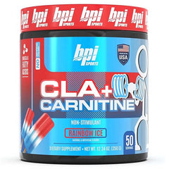 BPI Sport CLA+ Carnitine powder container for weight loss, featuring non-stimulant, sugar-free formula with 50 servings.