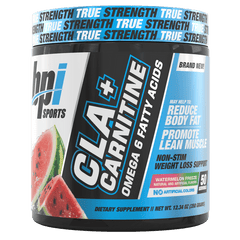 BPI Sport CLA+ Carnitine powder container for weight loss, featuring non-stimulant, sugar-free formula with 50 servings.