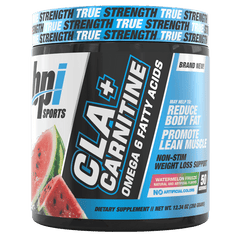 BPI Sport CLA+ Carnitine powder container for weight loss, featuring non-stimulant, sugar-free formula with 50 servings.