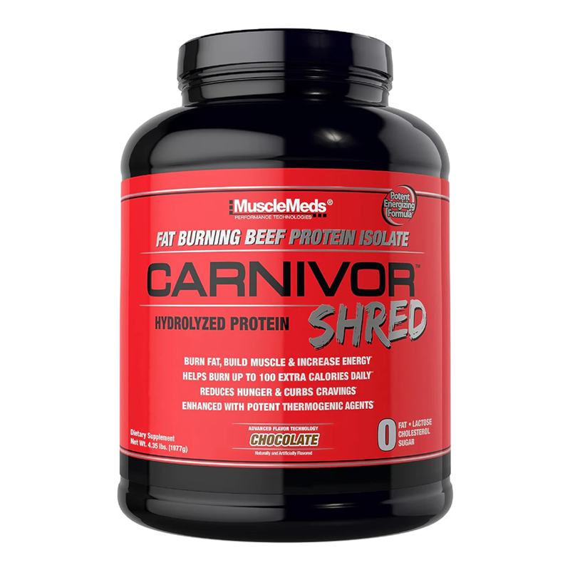 MuscleMeds Carnivor Shred Beef Protein Isolate 4.35lbs for muscle building and fat burning, chocolate flavor.