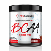 A black plastic tub of ProScience Nutra BCAA 6000 MG powder in Cola Vibe flavor, shown on a clean white background with a subtle reflection.