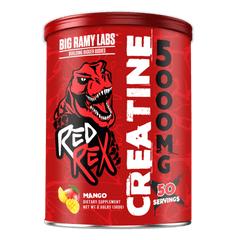 Red Rex Creatine boosts muscle growth, strength, energy, and performance. Available in Mango and Orange flavors for effective daily supplementation.