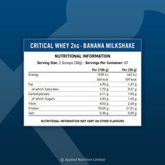 Nutritional information for AN Critical Whey Protein 2kg Banana Milkshake, detailing servings, calories, fat, carbohydrates, protein and more.