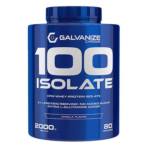 Galvanize Chrome 100 Whey Isolate Protein Powder 2kg container, vanilla flavor, high-protein, low-sugar, 80 servings