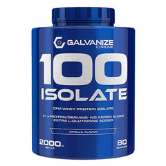 Galvanize Chrome 100 Whey Isolate Protein Powder 2kg container, vanilla flavor, high-protein, low-sugar, 80 servings