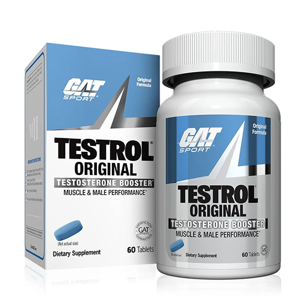 A bottle and box of GatSport Testrol Original by GAT Sport, a testosterone booster for muscle building and male performance, containing 60 tablets with blue, white, and silver packaging and one blue tablet in front.