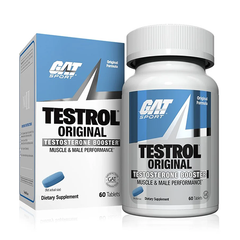 A bottle and box of GatSport Testrol Original by GAT Sport, a testosterone booster for muscle building and male performance, containing 60 tablets with blue, white, and silver packaging and one blue tablet in front.