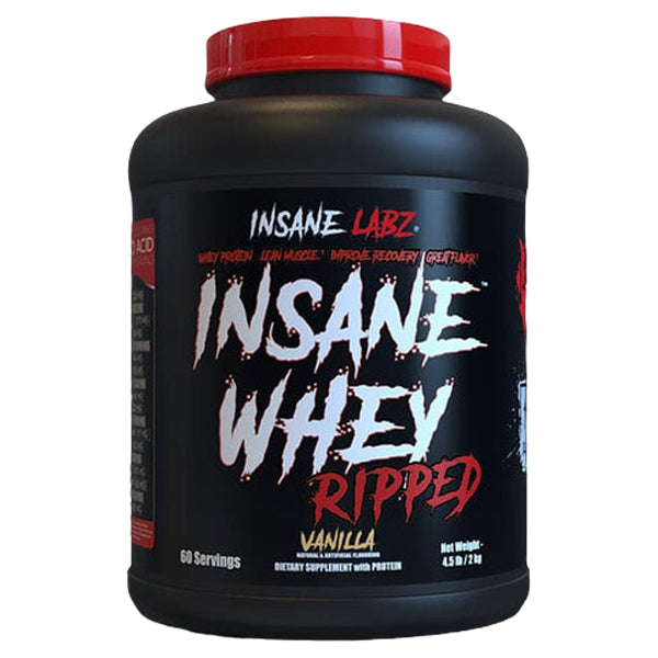 Insane Whey Ripped protein supplement by Insane Labz, 4.5lbs, vanilla flavor, designed for lean muscle and recovery.