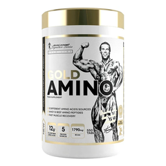 Gold Amino food supplement with 550 tablets, featuring 5 amino acid sources for muscle recovery and growth.