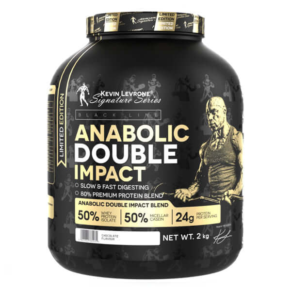 Anabolic Double Impact 2kg protein powder by Kevin Levrone, featuring whey isolate and micellar casein for athletes.