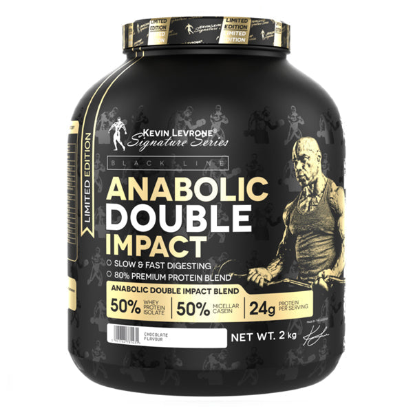 Anabolic Double Impact 2kg protein powder by Kevin Levrone, featuring whey isolate and micellar casein for athletes.