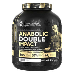 Anabolic Double Impact 2kg protein powder by Kevin Levrone, featuring whey isolate and micellar casein for athletes.