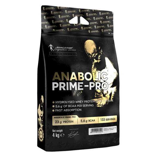 Anabolic Prime-Pro 4kg protein powder by Kevin Levrone, 133 servings, hydrolysed whey protein, 23g protein per serving.