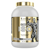 Gold ISO 2kg whey protein isolate by Kevin Levrone, designed for muscle growth and athletes, featuring a sleek gold container.