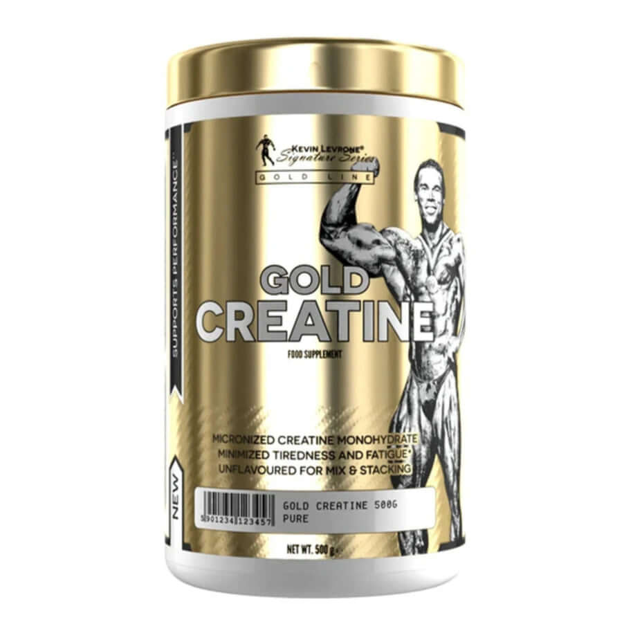 Gold Creatine supplement container with a gold and white design on a white background