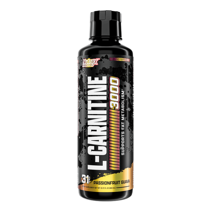 A black bottle of Nutrex Research Liquid Carnitine 3000 with passionfruit guava flavor, bold white and gold lettering, and a label promoting fat-burning benefits and muscle recovery support.