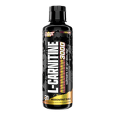 A black bottle of Nutrex Research Liquid Carnitine 3000 with passionfruit guava flavor, bold white and gold lettering, and a label promoting fat-burning benefits and muscle recovery support.