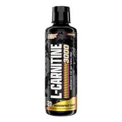 A black bottle of Nutrex Research Liquid Carnitine 3000 with passionfruit guava flavor, bold white and gold lettering, and a label promoting fat-burning benefits and muscle recovery support.