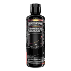 A black plastic bottle with a black cap shows a detailed label featuring Nutrex Research branding, Liquid Carnitine 3000 Liquid product name, text, a yellow upward-trending graph suggesting fat-burning benefits, and background graphics.