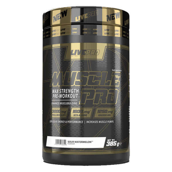 Muscle Pro pre-workout supplement by LivePro best enerygy booster and for fucus design for fitness and gym gurus.