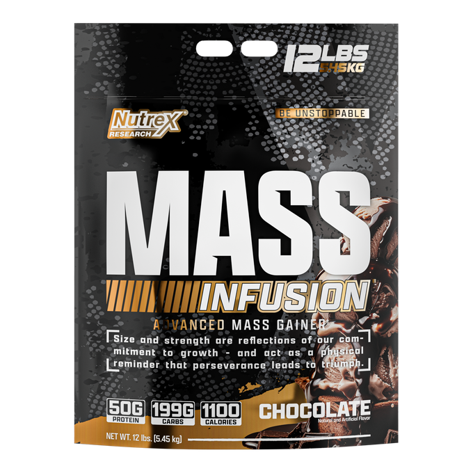 A 12 lb (5.45 kg) black and silver bag of Nutrex Research Mass Infusion, a powerful mass gainer providing 50g protein, 199g carbs, and 1100 calories per serving, features bold text and chocolate-themed graphics.