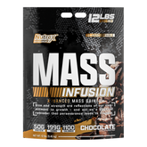 A 12 lb (5.45 kg) black and silver bag of Nutrex Research Mass Infusion, a powerful mass gainer providing 50g protein, 199g carbs, and 1100 calories per serving, features bold text and chocolate-themed graphics.