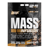 A 12 lb (5.45 kg) black and silver bag of Nutrex Research Mass Infusion, a powerful mass gainer providing 50g protein, 199g carbs, and 1100 calories per serving, features bold text and chocolate-themed graphics.