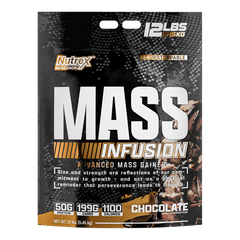 A 12 lb (5.45 kg) black and silver bag of Nutrex Research Mass Infusion, a powerful mass gainer providing 50g protein, 199g carbs, and 1100 calories per serving, features bold text and chocolate-themed graphics.