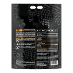 Back of a black Mass Infusion 12lbs by Nutrex Research bag showing Nutrition Facts, usage instructions, and ingredients in white and orange text, with dotted pattern and double handle cutouts at the top for muscle growth support.