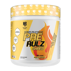 Pre-workout supplement container with yellow and white label on a white background