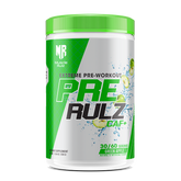 Pre-workout supplement container with green and white design on a white background