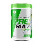 Pre-workout supplement container with green and white design on a white background