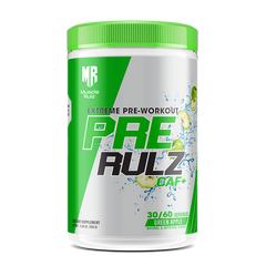 Pre-workout supplement container with green and white design on a white background