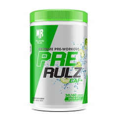 Pre-workout supplement container with green and white design on a white background