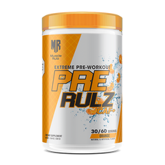 Pre-workout supplement container with orange and white design on a white background