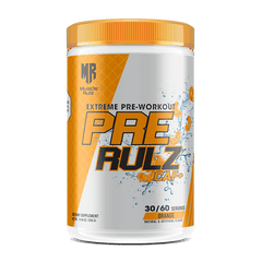 Pre-workout supplement container with orange and white design on a white background