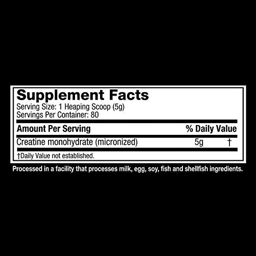 Black and white supplement facts label for MuscleTech Platinum 100% Creatine, 80 servings per container, each with 1 heaping scoop (5g). Designed to help increase strength and lean muscle. Processed in a facility with milk, egg, soy, fish, and shellfish. Black and white supplement facts label for MuscleTech Platinum 100% Creatine, 80 servings per container, each with 1 heaping scoop (5g). Designed to help increase strength and lean muscle. Processed in a facility with milk, egg, soy, fish, and shellfish.