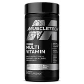 A black bottle of MuscleTech Muscletech Platinum Multivitamin with white text, containing 90 tablets for daily nutrient support and athletic performance, designed for active individuals.