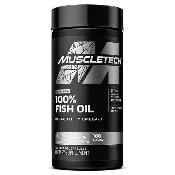A black and silver bottle of MuscleTech Platinum 100% Fish Oil offers 1000mg fish oil and 300mg omega-3 per serving, with enteric coating and 100 servings—an ideal dietary supplement for those seeking quality fish oil in Pakistan.