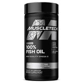 A black and silver bottle of MuscleTech Platinum 100% Fish Oil offers 1000mg fish oil and 300mg omega-3 per serving, with enteric coating and 100 servings—an ideal dietary supplement for those seeking quality fish oil in Pakistan.