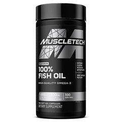 A black and silver bottle of MuscleTech Platinum 100% Fish Oil offers 1000mg fish oil and 300mg omega-3 per serving, with enteric coating and 100 servings—an ideal dietary supplement for those seeking quality fish oil in Pakistan.