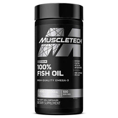 A black and silver bottle of MuscleTech Platinum 100% Fish Oil offers 1000mg fish oil and 300mg omega-3 per serving, with enteric coating and 100 servings—an ideal dietary supplement for those seeking quality fish oil in Pakistan.